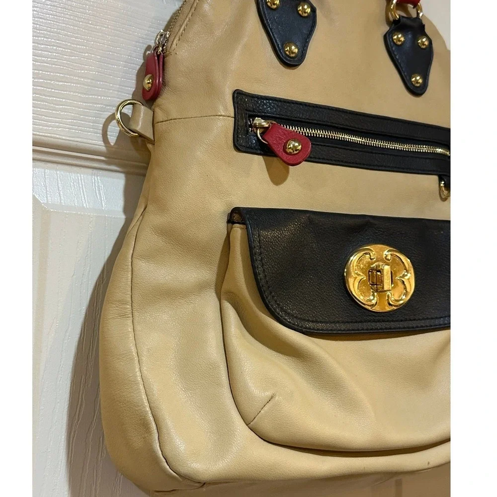 Emma Fox Leather Colorblock Satchel Backpack Beige Black Red Gold Turn Lock